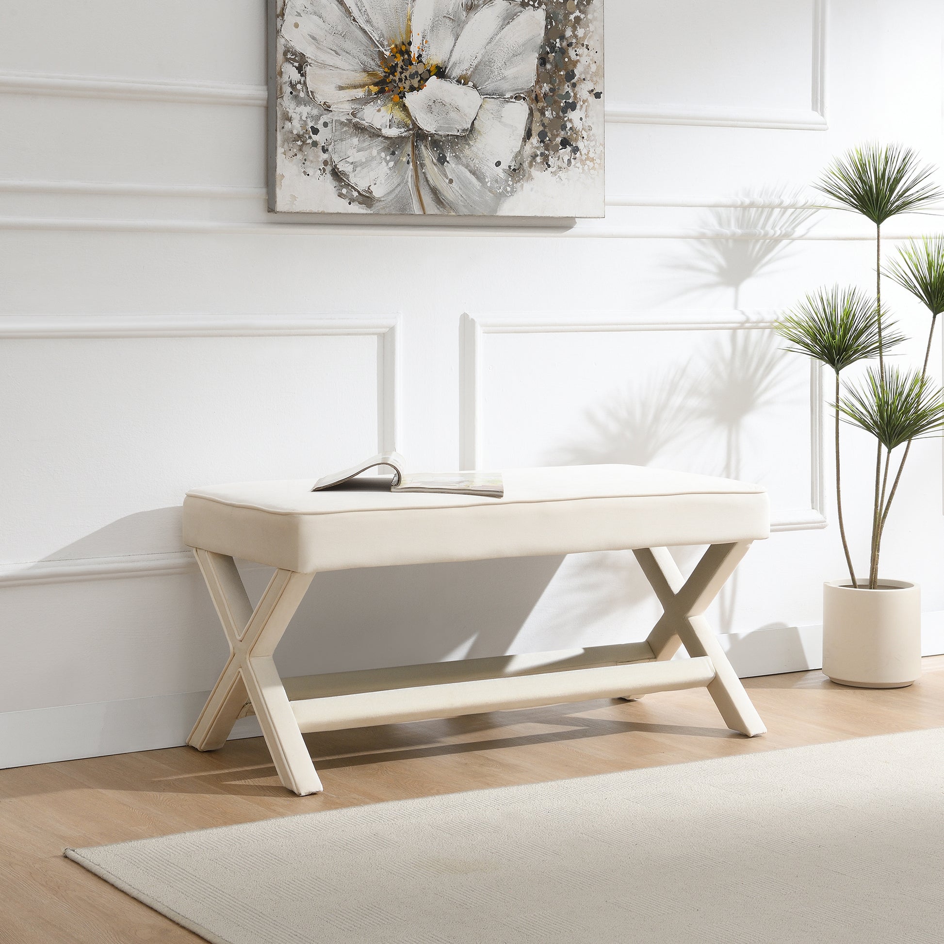 Comfort Double Bench Upholstered in Velvet Fabric,Stool with Stylish X-Crossed Legs,Comfort Cushion with piping,Velvet Beige image 1