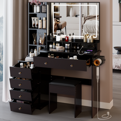 41" Large Vanity Table Set with Stool, USB & AC Power Stations
