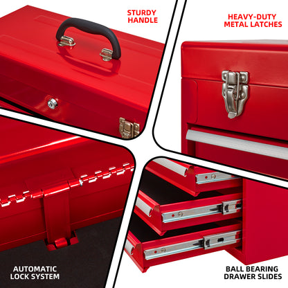 Metal Tool Box with 4 Drawers Portable Steel Tool Chest with Metal Cylinder Lock and Latch Closure, Liner, Red Powder coating, suitable for Garage, Warehouse and Outdoor Repair job-Red image 3