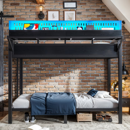 Twin XL over Twin XL Size Metal Bunk Bed with Storage Shelves and Pegboard, Bunk Bed Frame with USB Ports and LED Lights, Space-Saving, for Teens and Adults, Black image 4