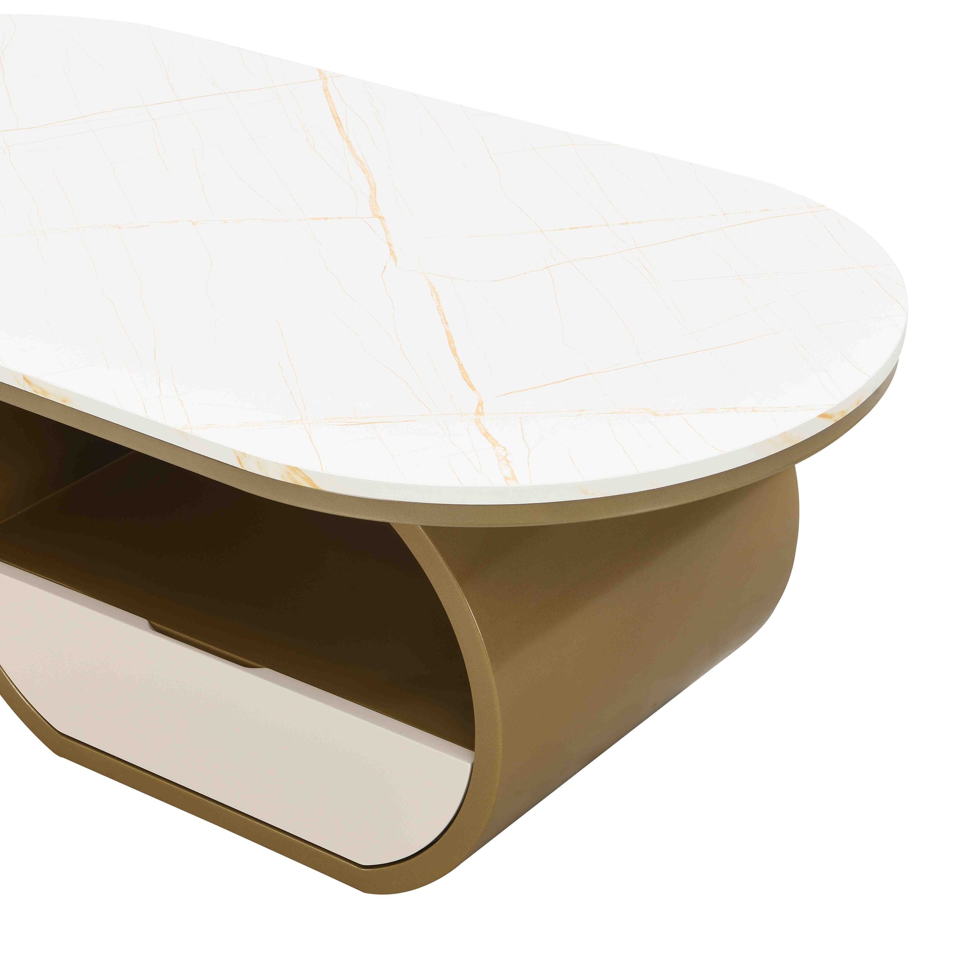 Luxury Modern Oval Coffee Table, 47.24'' Coffee Table with Storage Drawer, Faux Marble Top, Golden Metal Center Table for Living Room image 10