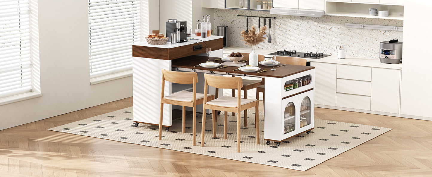 TREXM Extendable Dining Table with Extra-Long Folding Top, Rolling Kitchen Island with Drawers, Power Outlet and Brake lock, Storage Cabinet for Kitchen and Dining Room (Natural + Creamy White) image 7