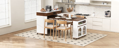 TREXM Extendable Dining Table with Extra-Long Folding Top, Rolling Kitchen Island with Drawers, Power Outlet and Brake lock, Storage Cabinet for Kitchen and Dining Room (Natural + Creamy White) image 7