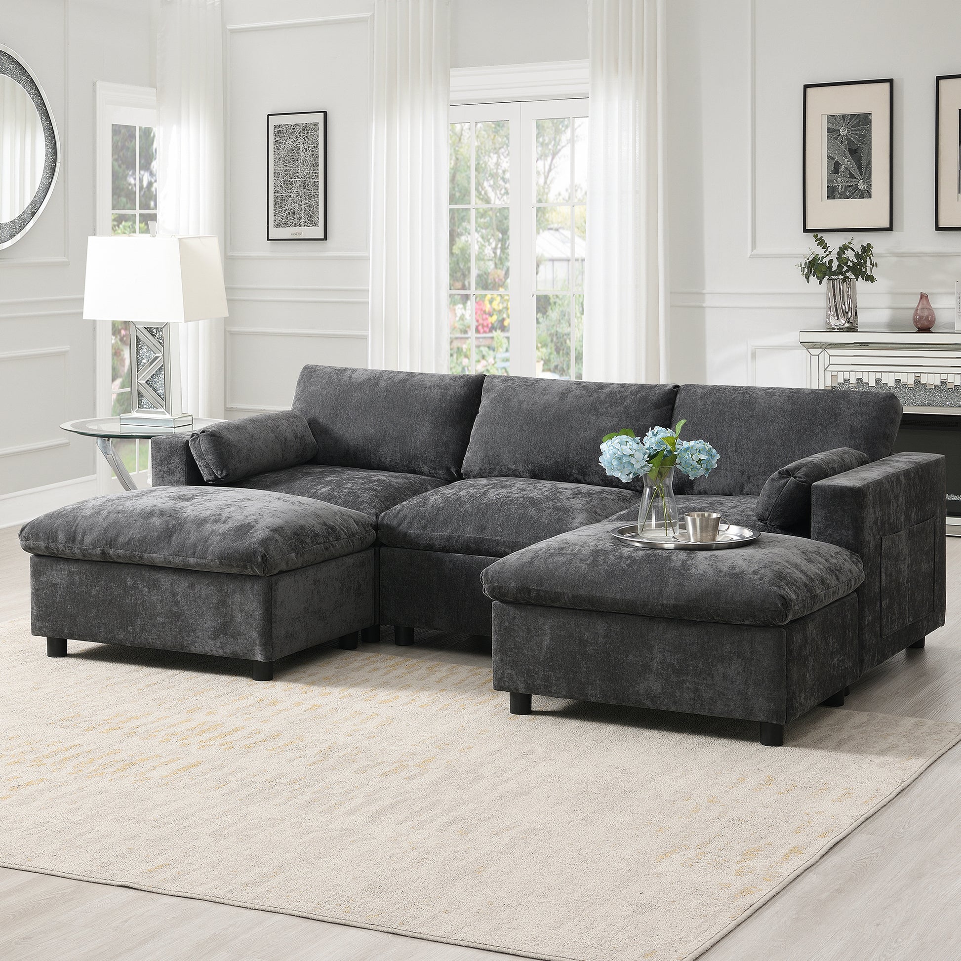 [NEW SKU of N723S7723E]84.5'' Modular Sectional Sofa with Storage Pockets, 5 Seat U Shaped Chenille Couch Set with Pillows, Free Combination Modern Cloud Sofa with Movable Ottoman image 1