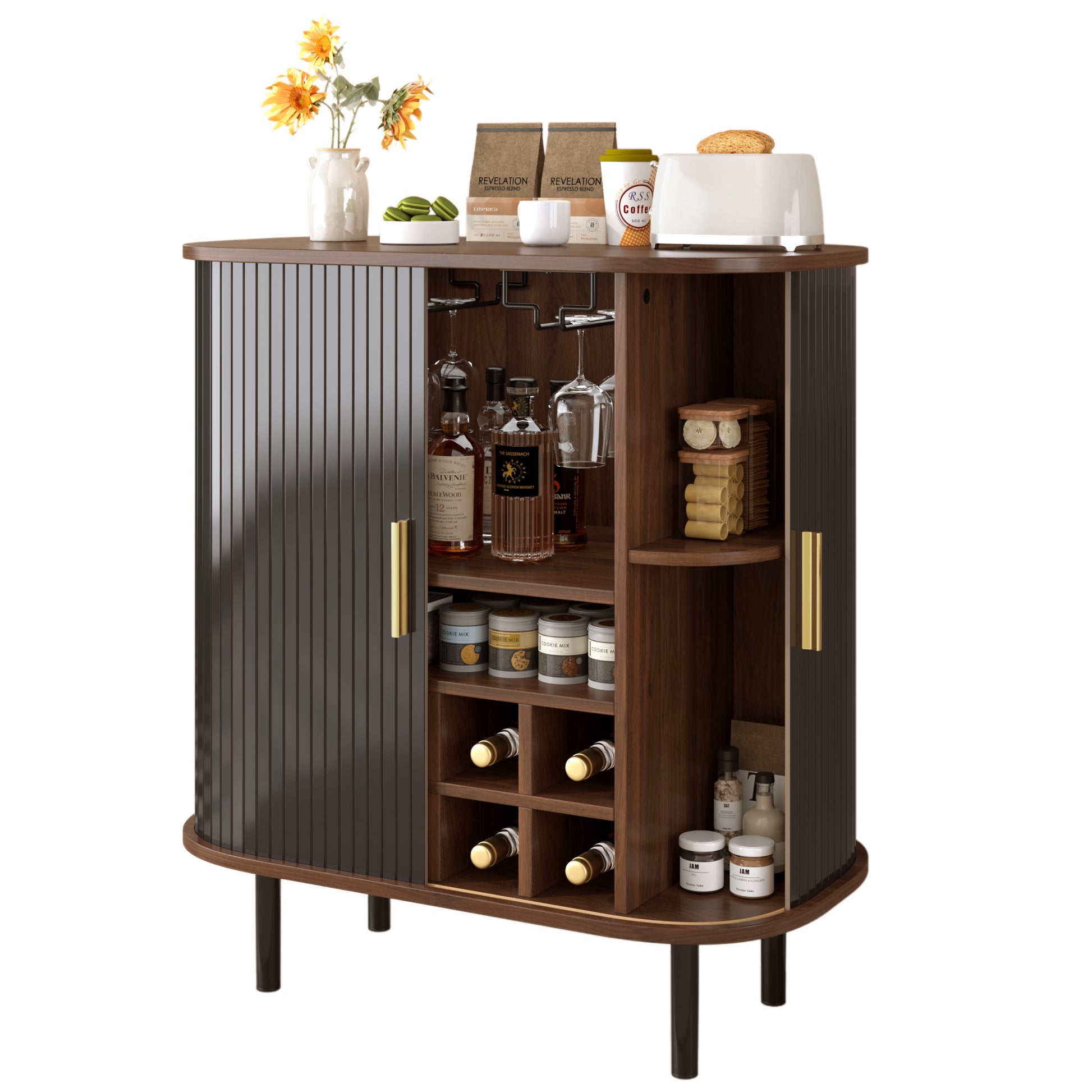 28" Fluted Wine Bar Cabinet with 8-Grid Wine Rack, 5-Level Adjustable Shelves, 2 Glass Holders, Smoothly Sliding Tambour Doors, 4 Hidden Storage Space on the Side, Modern Liquor Coffee Station, Black image 3