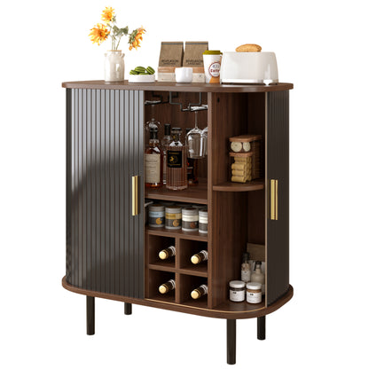 28" Fluted Wine Bar Cabinet with 8-Grid Wine Rack, 5-Level Adjustable Shelves, 2 Glass Holders, Smoothly Sliding Tambour Doors, 4 Hidden Storage Space on the Side, Modern Liquor Coffee Station, Black image 3