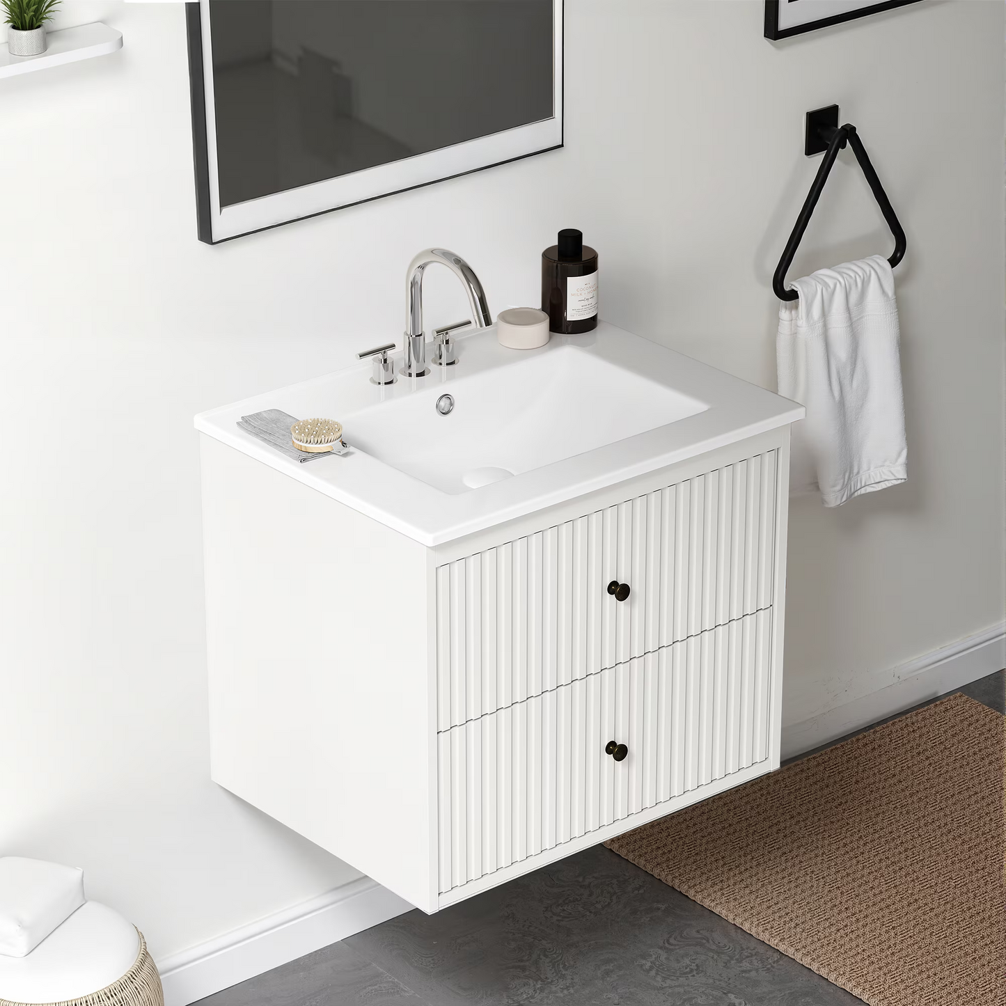 24'' Bathroom Vanity with Sink Set, Floating Bathroom Storage Cabinet with Doors and Drawers, Modern Vanity Sink Cabinet Wall Mount with Painted Surface, White image 10