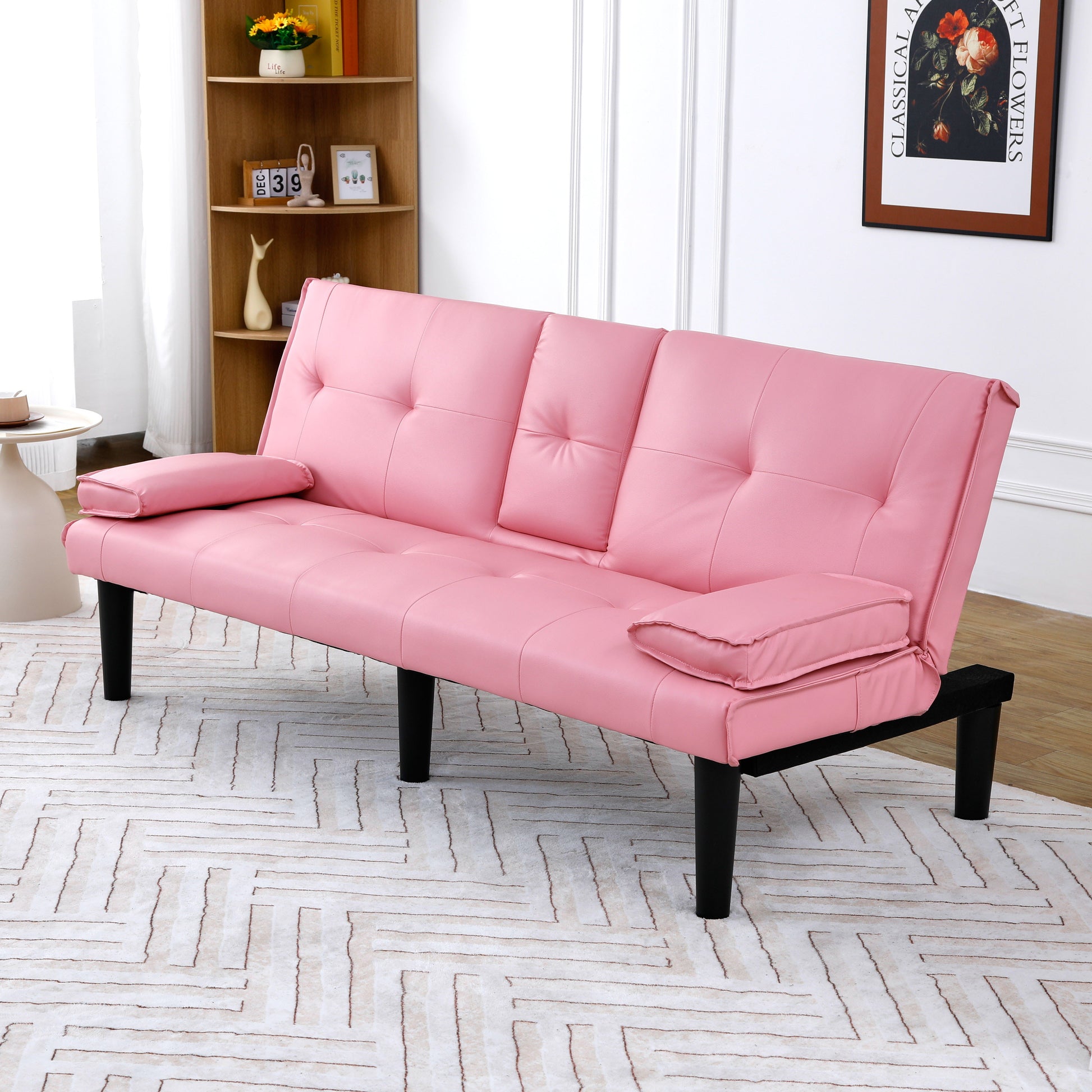 The 67-inch pink PVC multi-functional sofa bed, with a foldable and cup holder design, makes it extremely convenient to turn the living room into a guest room image 2