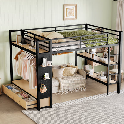 Queen size Loft Bed Frame with Wardrobe,Metal Loft Bed with Storage Shelves and Pegboard,Black image 3