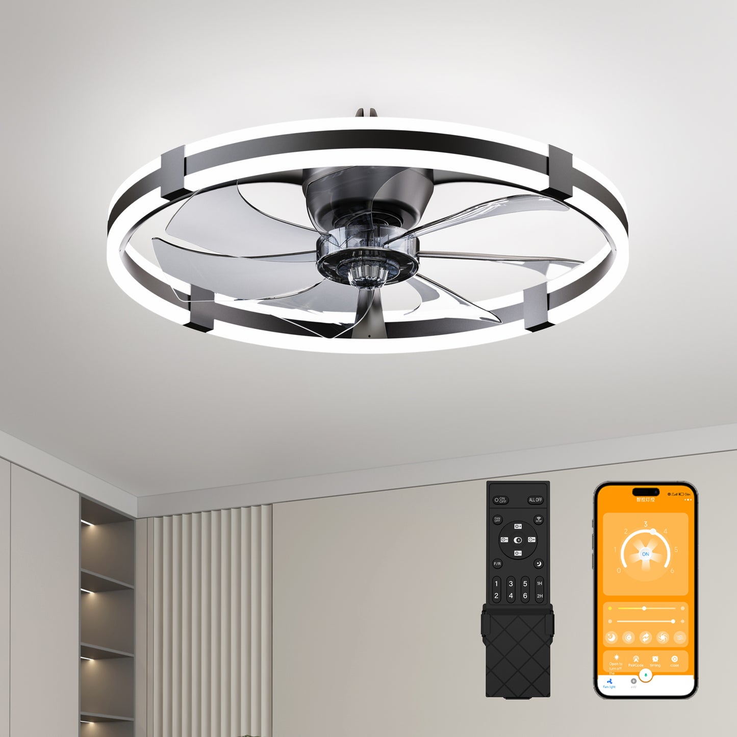 23.6'' LED Ceiling Fan Light Remote DC Motor Aluminum Body 6-Speed Infinite Dimming LED fan light for bedroom living room image 1
