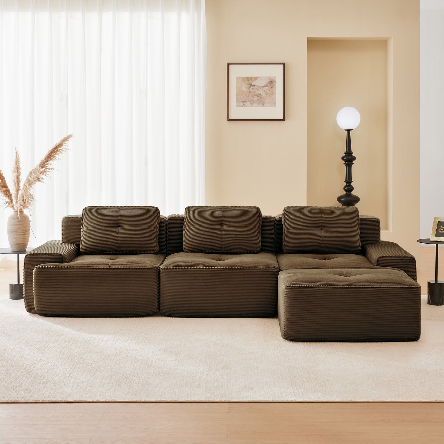 117" Modern L-Shaped Modular Sectional Sofa for Living Room, Corduroy Fabric,3-Seater Couch with Deep Seat and Movable Ottoman,Pearl-like piping, Tufted Design,No Assembly, Anti-slip Design​, Brown image 2