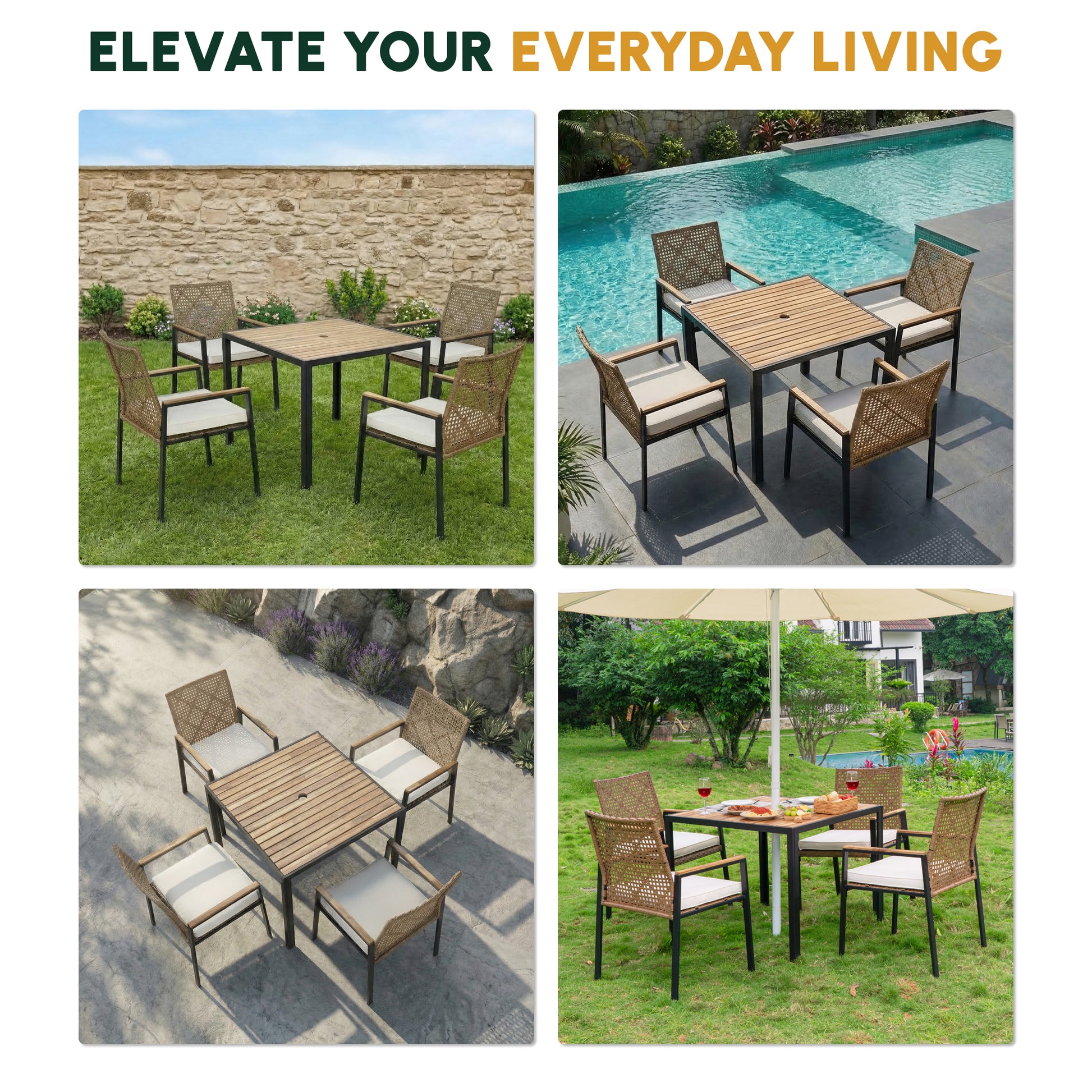 All Weather 5-Piece Patio Dining Table Sets, Patio Conversation Set Acacia Wood Table Top with Umbrella Hole, Rattan Outdoor, Yellow Color image 8