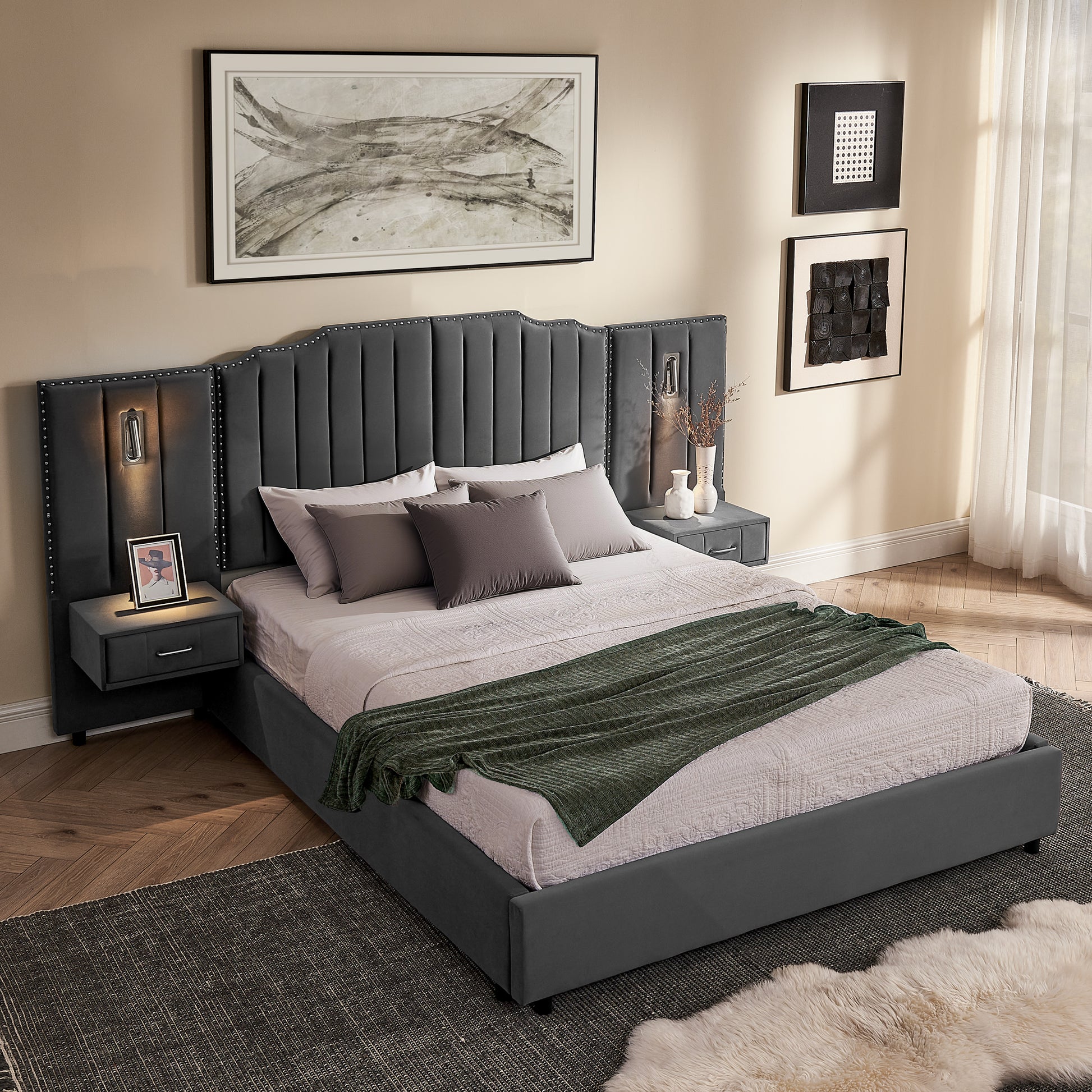 Queen Size Upholstered Bed Frame with Velvet Fabric, Vertical Stripe Design with Buttons Around Platform Bed with Headboard, Solid Frame & Bedside Table - No Box Spring Needed-Gray image 3