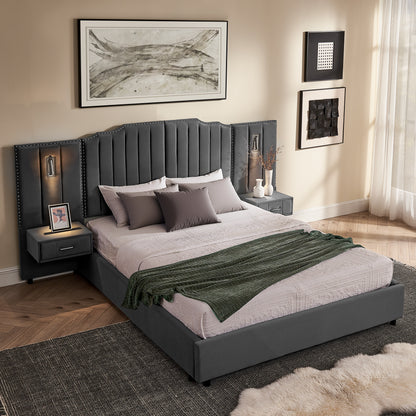 Queen Size Upholstered Bed Frame with Velvet Fabric, Vertical Stripe Design with Buttons Around Platform Bed with Headboard, Solid Frame & Bedside Table - No Box Spring Needed-Gray image 3