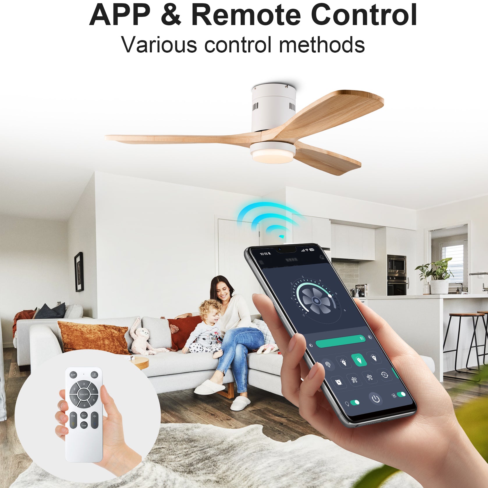 52 inch Low Profile Ceiling fan with Light and Remote Control, Flush Mount, Reversible, 3CCT, Dimmable, Noiseless, Ceiling Fan for Bedroom, Indoor/Outdoor Use image 3