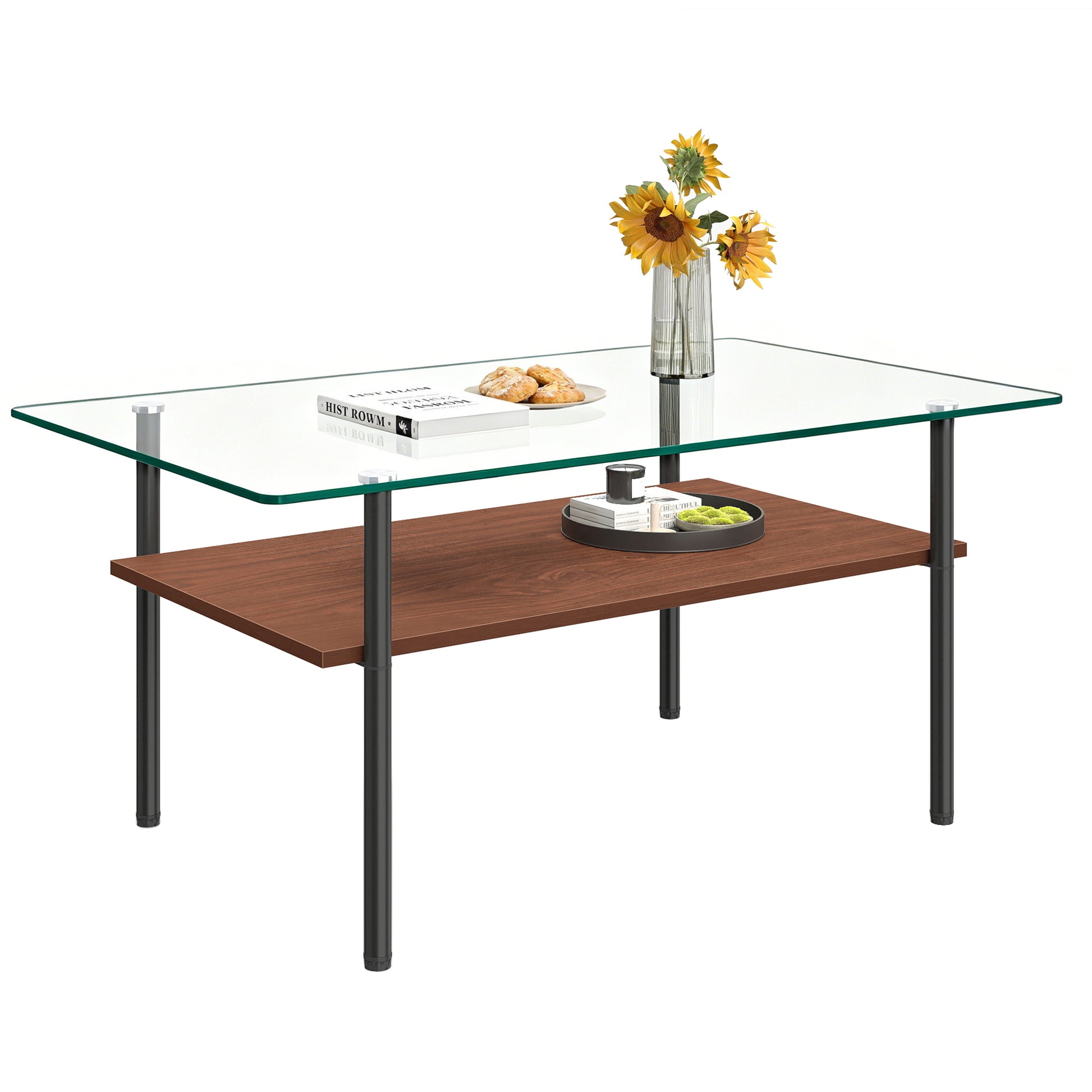 Modern glass coffee table for living room, rectangular tempered glass top, black metal legs with wooden shelf. Easy to clean, stylish center table 38.6 × 22.8 × 17.7 inches image 7
