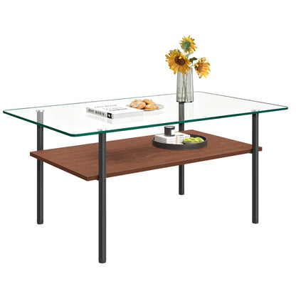Modern glass coffee table for living room, rectangular tempered glass top, black metal legs with wooden shelf. Easy to clean, stylish center table 38.6 × 22.8 × 17.7 inches image 7