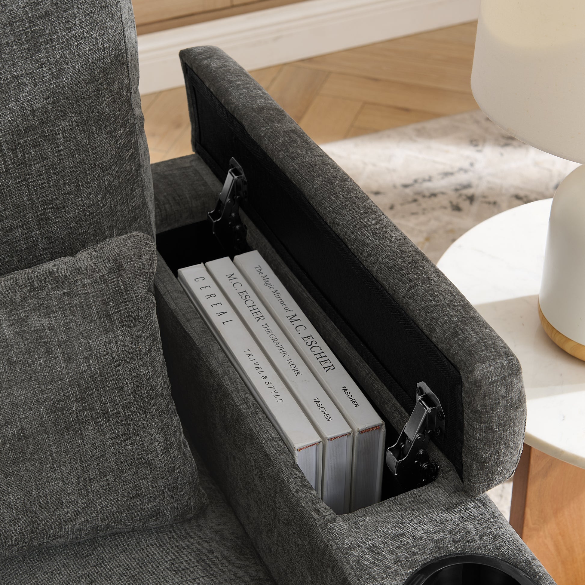 Single sofa recliner with manually adjustable backrest, USB charging port on the armrest side, phone stand included, hidden armrest storage, and a matching storage ottoman-Gray image 7