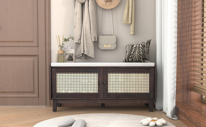 TREXM Boho Rattan Entryway Bench with Storage, Cushioned Shoe Bench with Double Doors, Wooden Shoe Organizer Bench for Entryway and Hallway (Espresso+Beige) image 3