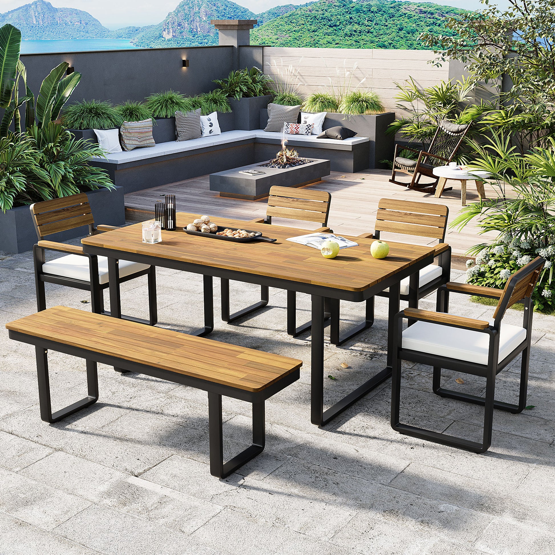 6-Piece Outdoor Dining Set, Acacia Wood, 1 Table with 4 Chairs & 1 Bench for 6-7 Person, Comfortable Cushions on Chairs, Adjustable Feet, for Patio, Garden, Backyard Dining, Beige Cushion image 2
