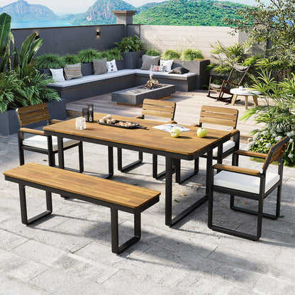 6-Piece Outdoor Dining Set, Acacia Wood, 1 Table with 4 Chairs & 1 Bench for 6-7 Person, Comfortable Cushions on Chairs, Adjustable Feet, for Patio, Garden, Backyard Dining, Beige Cushion image 2