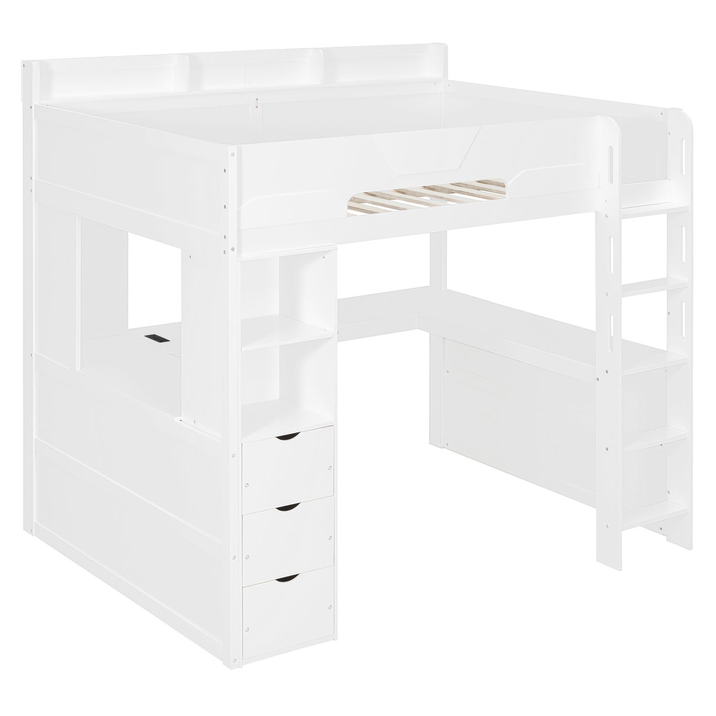 Full Size Wooden Gaming Loft Bed with U-Shaped Desk, Smart RGB LED Lights and USB Ports, Multi-Functional High Sleeper with 3 Drawers and Storage Shelves for Teens Adults, White image 8