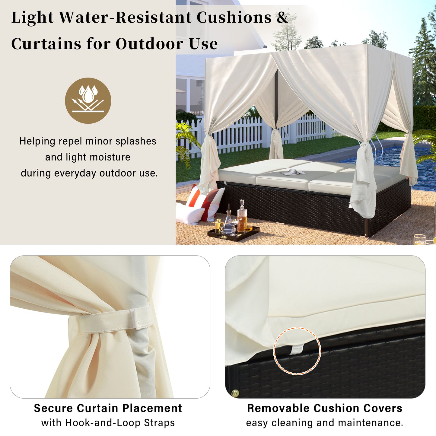 U_STYLE Outdoor Double Chaise Lounge Daybed with Curtains,Patio Outdoor Sunbed with Adjustable Backrest, Sturdy Steel Frame Loveseat Sofa for Backyard,Poolside, Terrace image 7