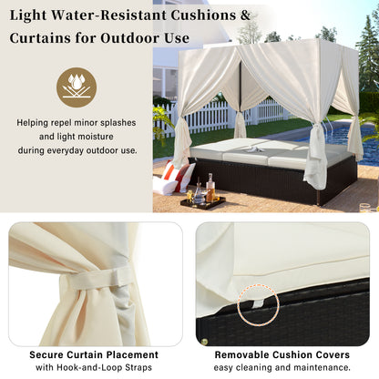 U_STYLE Outdoor Double Chaise Lounge Daybed with Curtains,Patio Outdoor Sunbed with Adjustable Backrest, Sturdy Steel Frame Loveseat Sofa for Backyard,Poolside, Terrace image 7