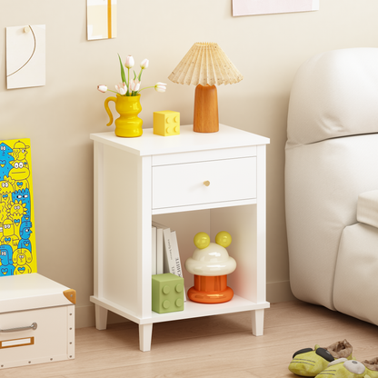 26.77''H Wooden Nightstand with One Drawer One Shelf for Kids, Adults, White+Golden handle image 1