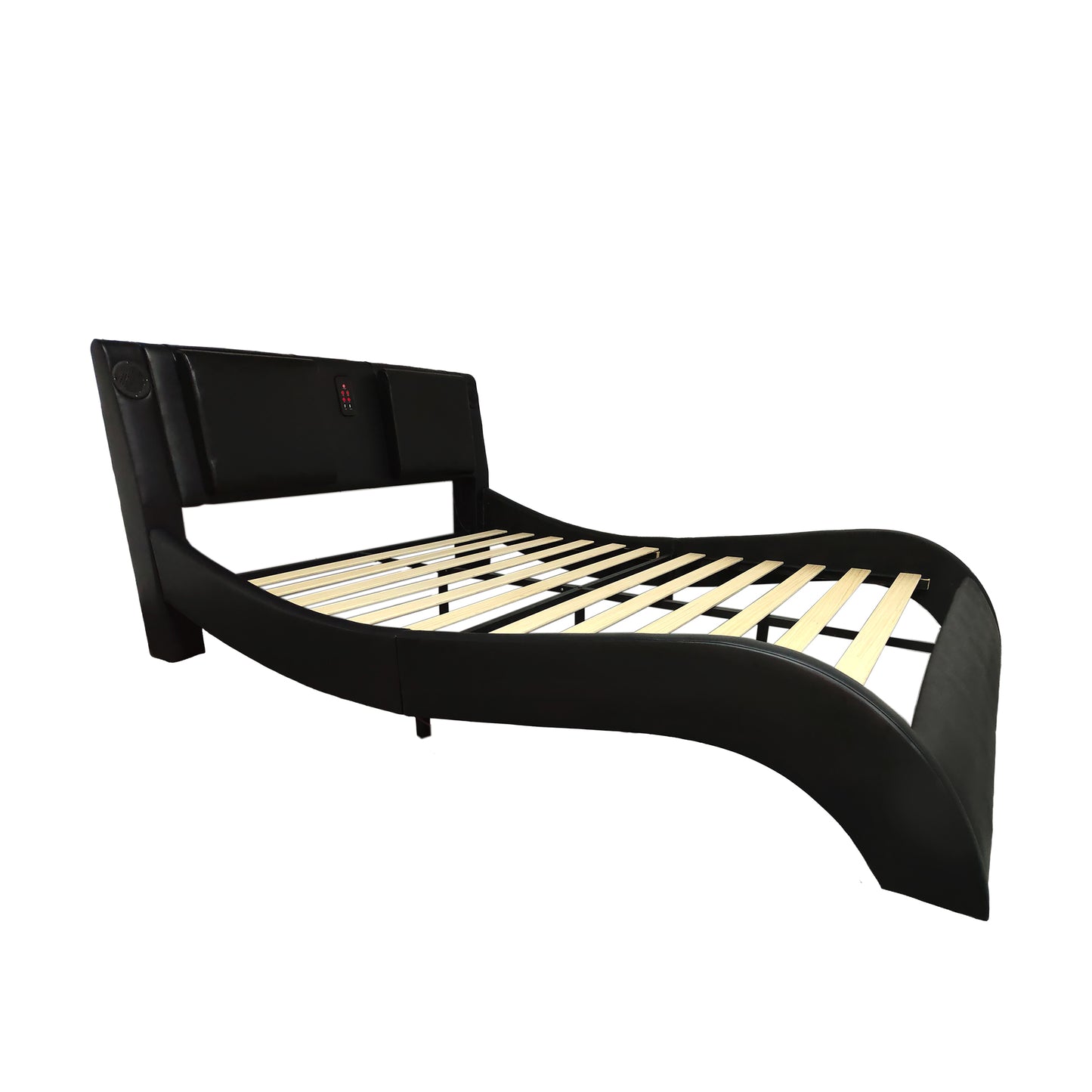 Faux Leather Upholstered Platform Bed Frame with led lighting, Bluetooth connection to play music control, Backrest vibration massage, Curve Design, Wood Slat Support, Exhibited Speakers, King Size image 5