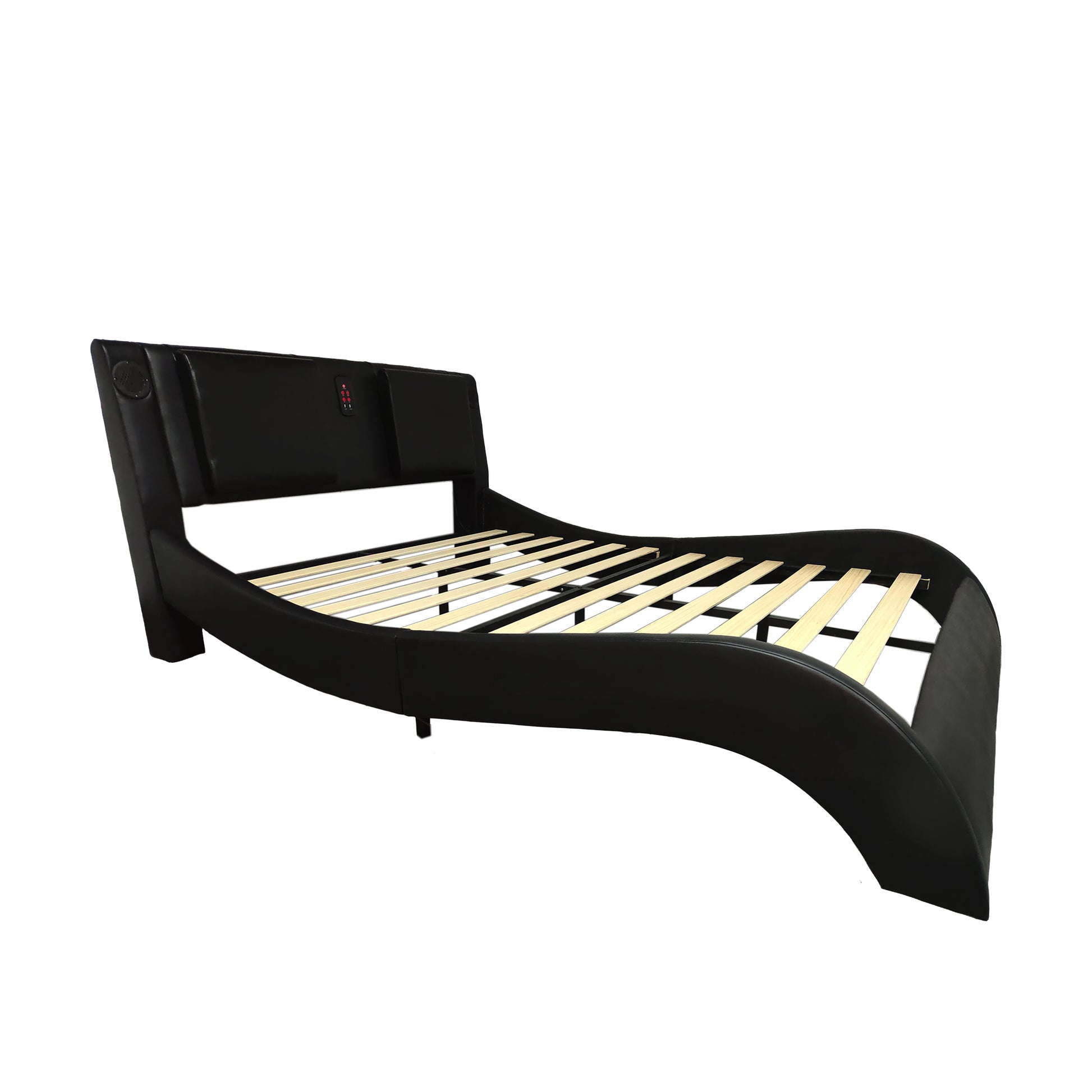 Faux Leather Upholstered Platform Bed Frame with led lighting, Bluetooth connection to play music control, Backrest vibration massage, Curve Design, Wood Slat Support, Exhibited Speakers, King Size image 5
