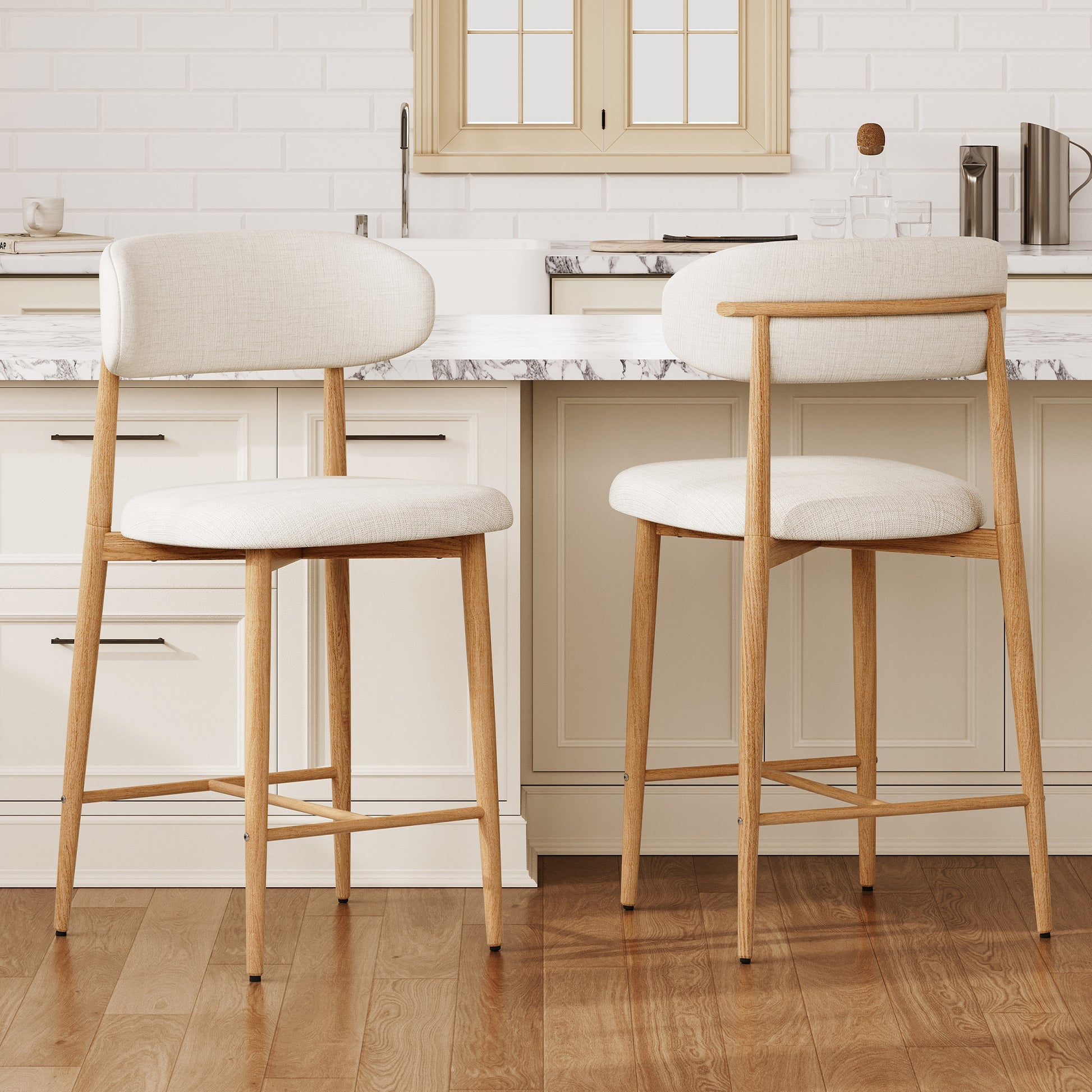 Counter Height Bar Stools Set of 2, Upholstered Counter Stools Modern Barstools with Metal Legs for Kitchen Island Dining Room, Beige image 2
