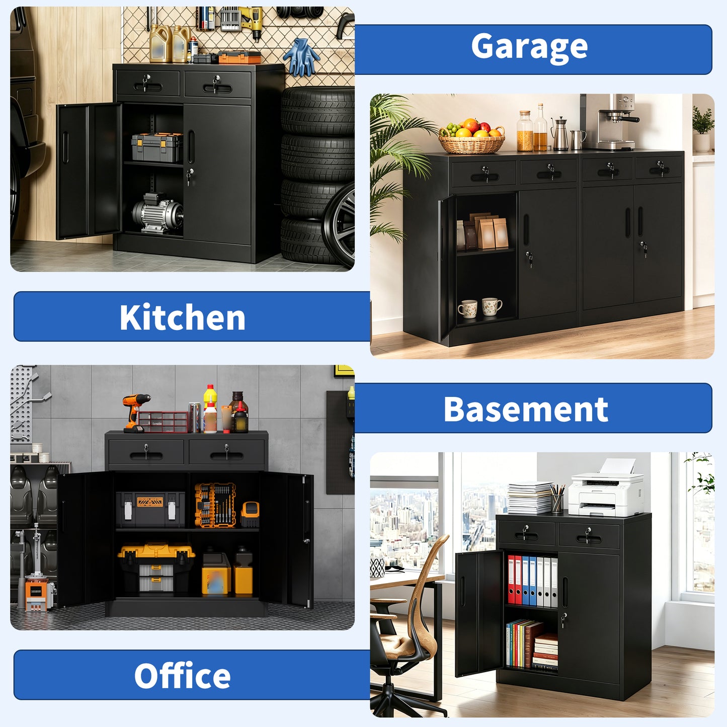 Metal Storage Cabinet with Lock and Two Drawers, 2-Door Office Storage Cabinet with 1 Adjustable Shelves, Heavy Duty Steel File Cabinet for Home, Office, Garage, School (Black, 35.5"H) image 3