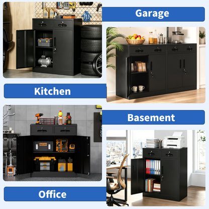 Metal Storage Cabinet with Lock and Two Drawers, 2-Door Office Storage Cabinet with 1 Adjustable Shelves, Heavy Duty Steel File Cabinet for Home, Office, Garage, School (Black, 35.5"H) image 3
