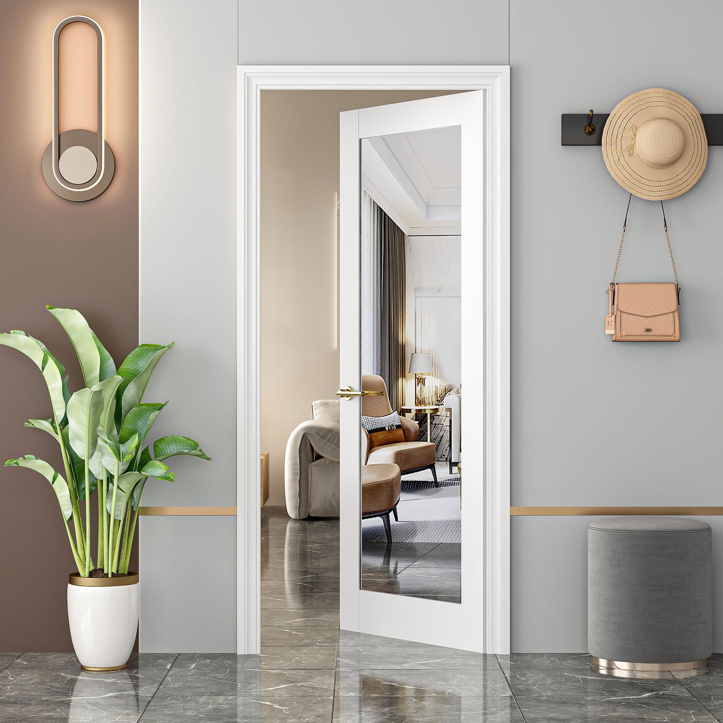32" X 80"French Slab Door,1-Lite Mirror Solid Wood Slab Interior Doors Pre-Assembled for Pantry Laundry Closet Bathroom,White Primed Panel Door,w/o Hardware image 4