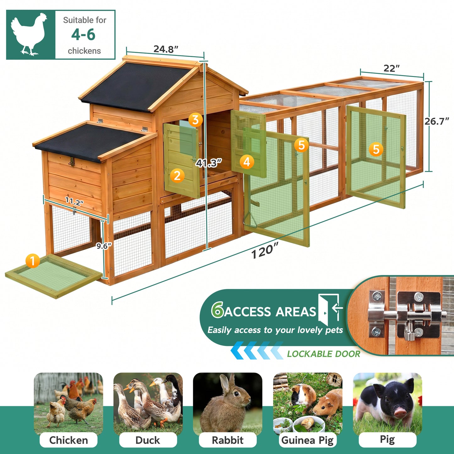 Large Chicken Coop with Run and Nest Box and Removable Tray, Hen House for 4-6 Chickens, Outdoor Weatherproof Small Animal Cages image 2