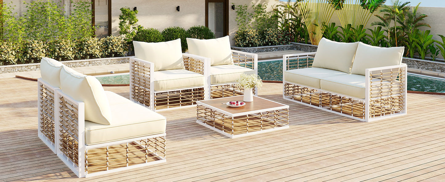 TOPMAX Modern Minimalist 7-Piece Metal Patio Sectional Sofa Set, All-Weather Garden Conversational Furniture Set with Thick Cushions and Coffee Table for Indoor Outdoor, White image 7