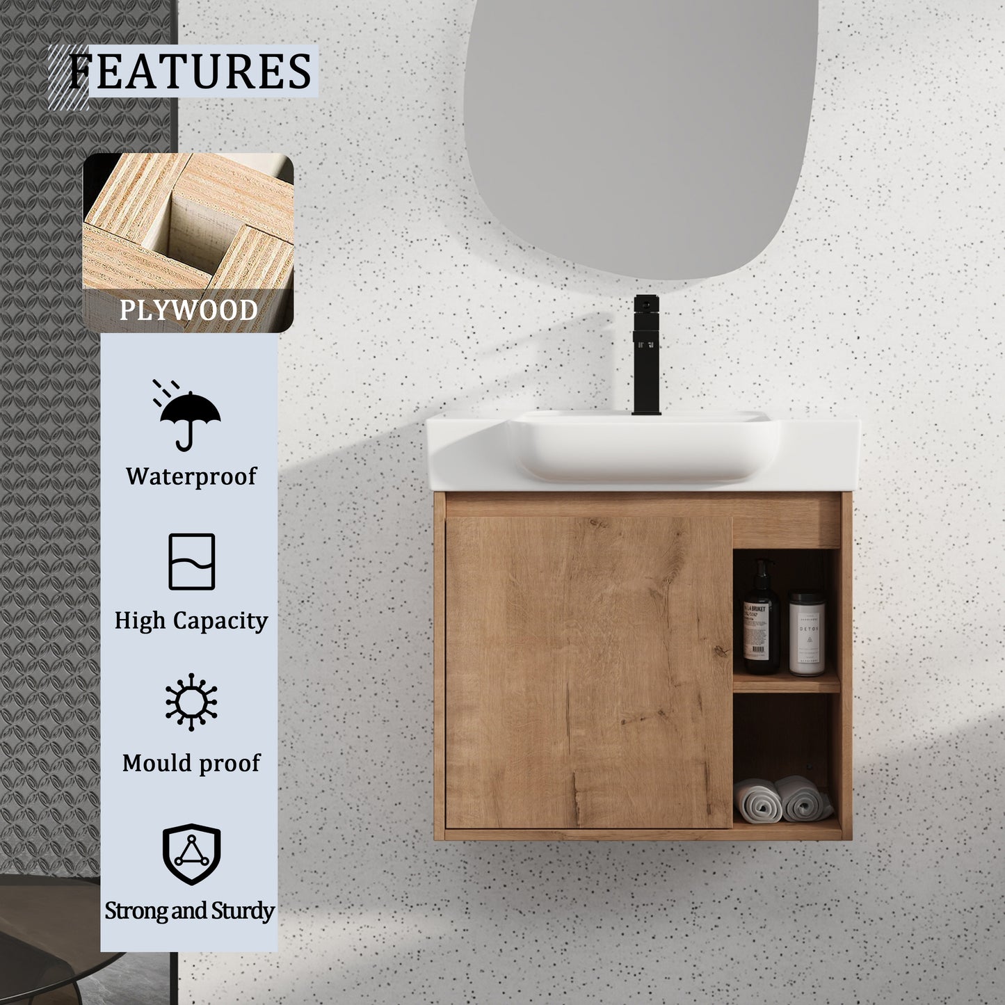 24'' Wall-Mounted Bathroom Vanity with White Ceramic Sink & Soft-Close Door, KD-Packing image 4