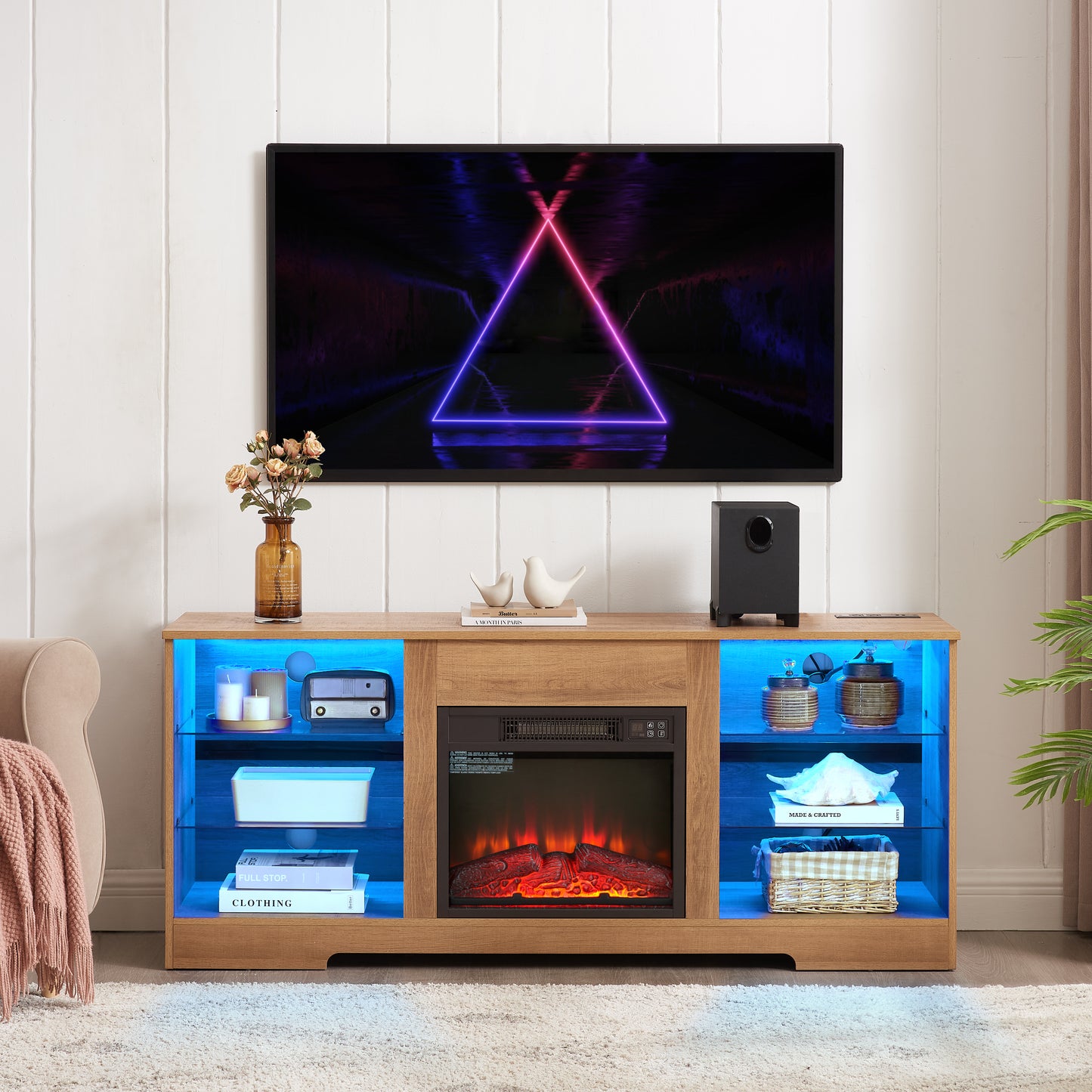 TV Stand Electric Fireplace TV Stand with Glass Shelves, 3D Fireplace TV Stand with LED Lights Wood with USB Charging Outlet Modern Television Table Center for TV up to 32-62" OAK 58'W*15.4''D*24.6 image 3