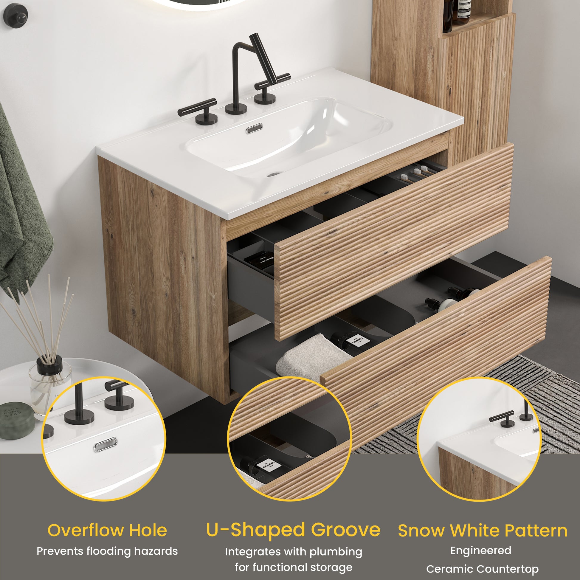 Gloria 30" Wall Mounted Rough Oak&Rough Oak Bathroom Vanity with Integrated Ceramic Sink with Overflow, with 3 holes, Large Storage Floating Bathroom Vanity for Modern Bathroom, KD image 4