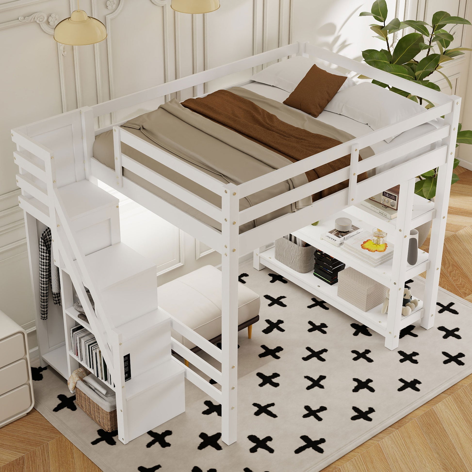 Full Size Loft Bed with Shelves, Storage Staircase, Small Wardrobe and White LED Light, White(Old SKU:N7090000472K) image 4