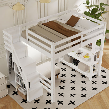Full Size Loft Bed with Shelves, Storage Staircase, Small Wardrobe and White LED Light, White(Old SKU:N7090000472K) image 4