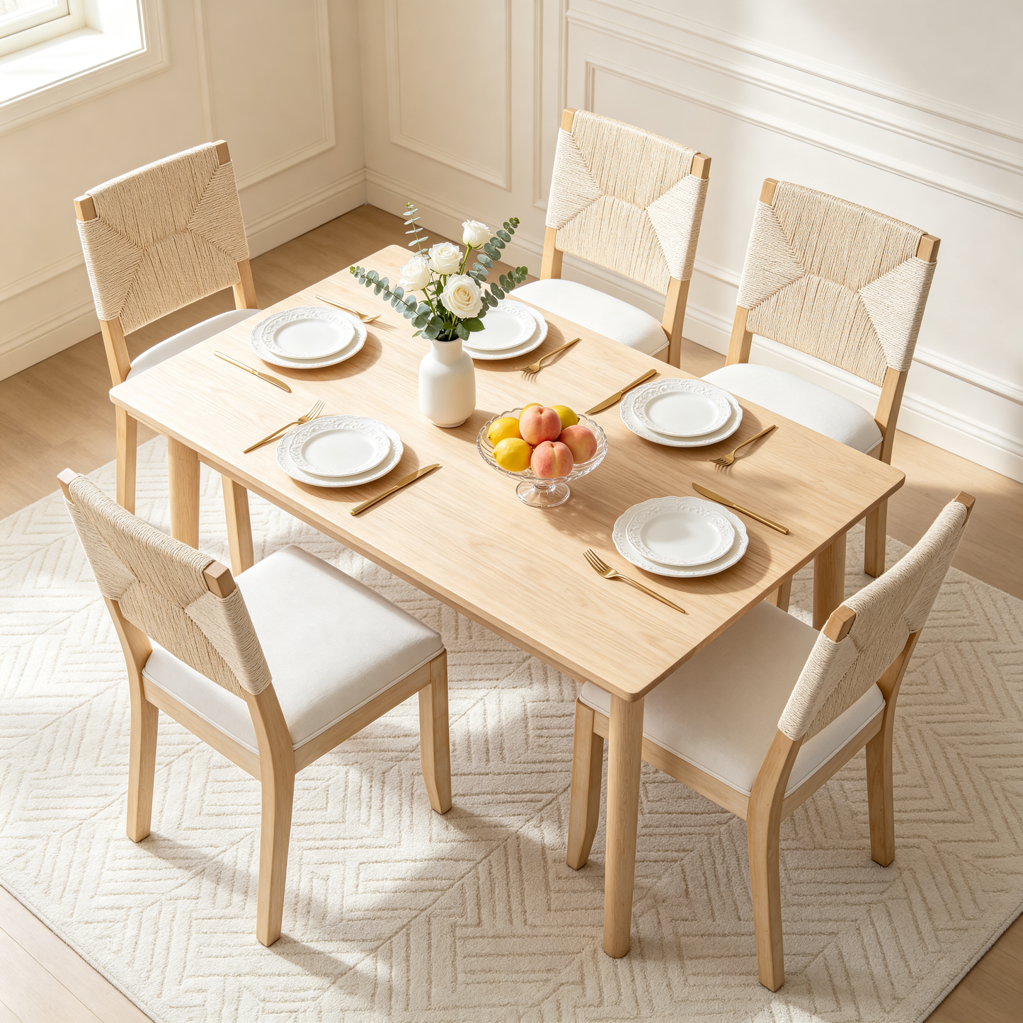French Country Dining Chairs Set of 2, Beige Farmhouse Kitchen & Dining Room Chairs, Boho Wood Dining Chair with Woven Back & Linen Upholstered Seat, Solid Wood Frame,Beige image 8