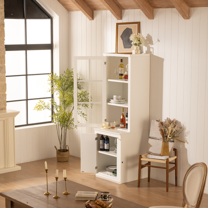 75.25'' Tall Freestanding Pantry Cabinet with Glass Door & Lattice Window, Farmhouse Display Cabinets with Storage, Hutch with Double-Action LH&RH Door, for Hallways, Livingroom Kitchen & Office,White image 8