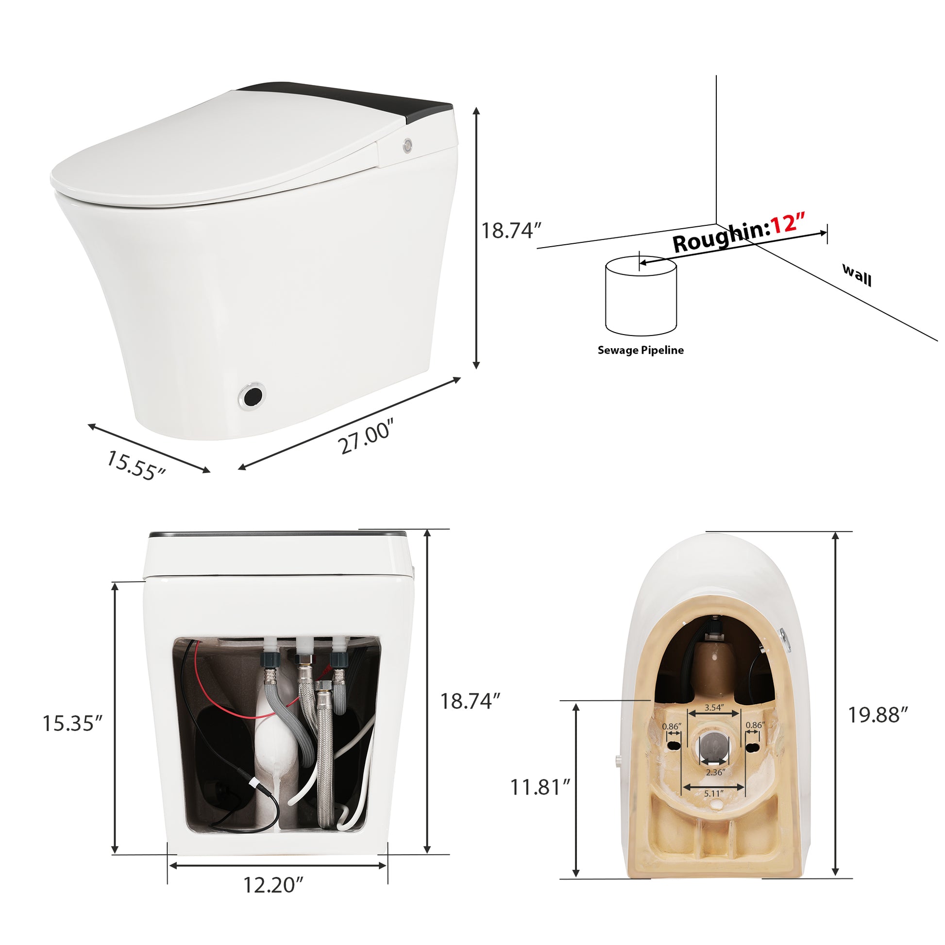 Heated Seat Smart Toilet, One Piece Toilet, Automatic Flush Tankless Toilet without Bidet, with Foot sensor Flush, Blue Night Light, Knob Control, Power Outage Flushing, Soft Close Cover,White image 6