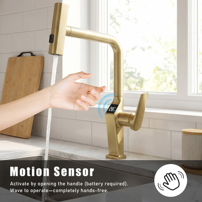 Touchless ​​Brushed Gold Kitchen Faucet with LED Display, Motion Sensor Kitchen Sink Faucet with 3-Function Pull-Out Sprayer & 360° Swivel Spout image 2