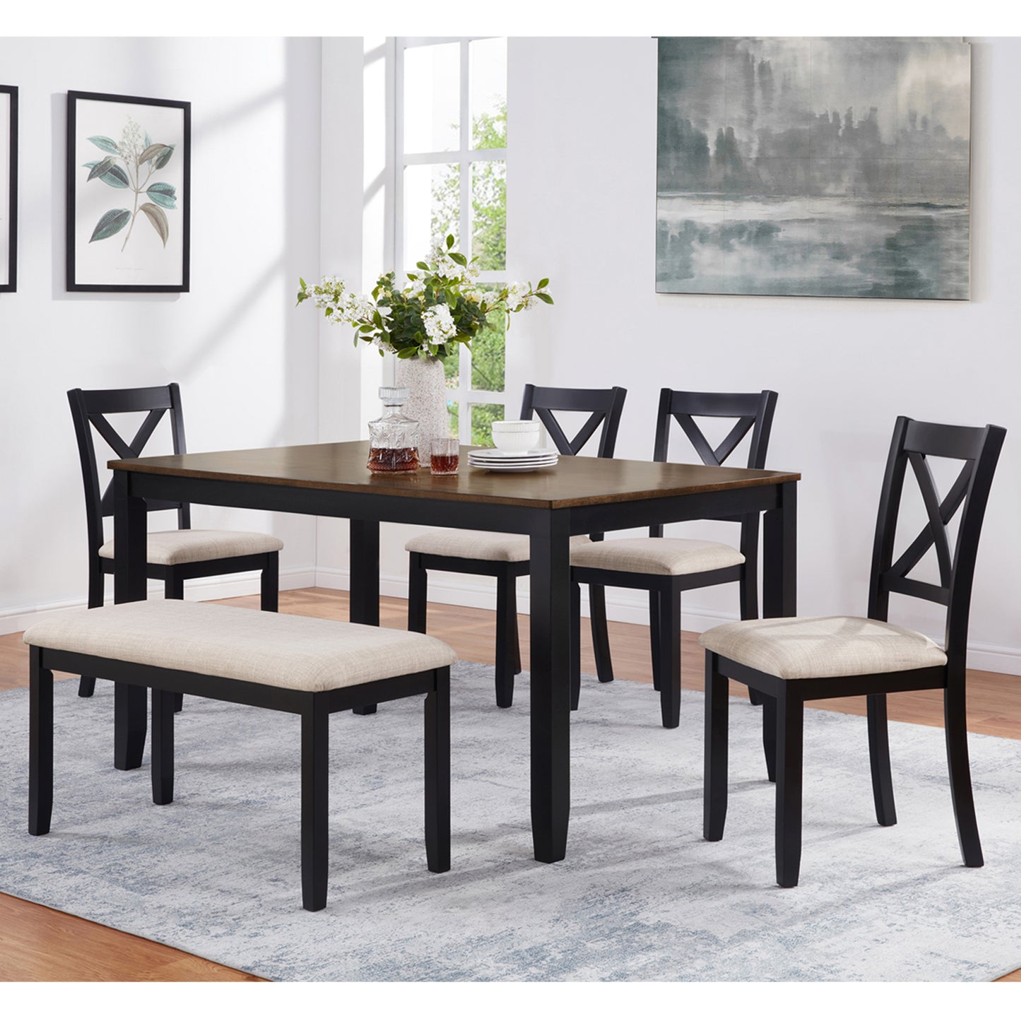 Dining Chairs Only, Wooden Dining Chairs Set of 4, Kitchen Chair with Padded Seat, Upholstered Side Chair for Dining Room, Living Room, Kitchen, Black & Beige two tone image 4
