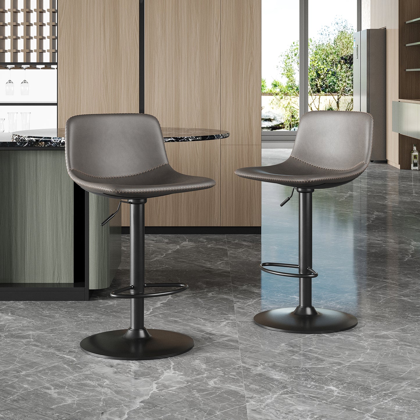 Adjustable Bar Stools Set of 2, Mid Century Modern Swivel Bar Stools, Industrial Bar Height Stools With Back Support Counter Height Bar Chairs Pu Leather Bar Stool for Kitchen Island Rustic Barstools image 4