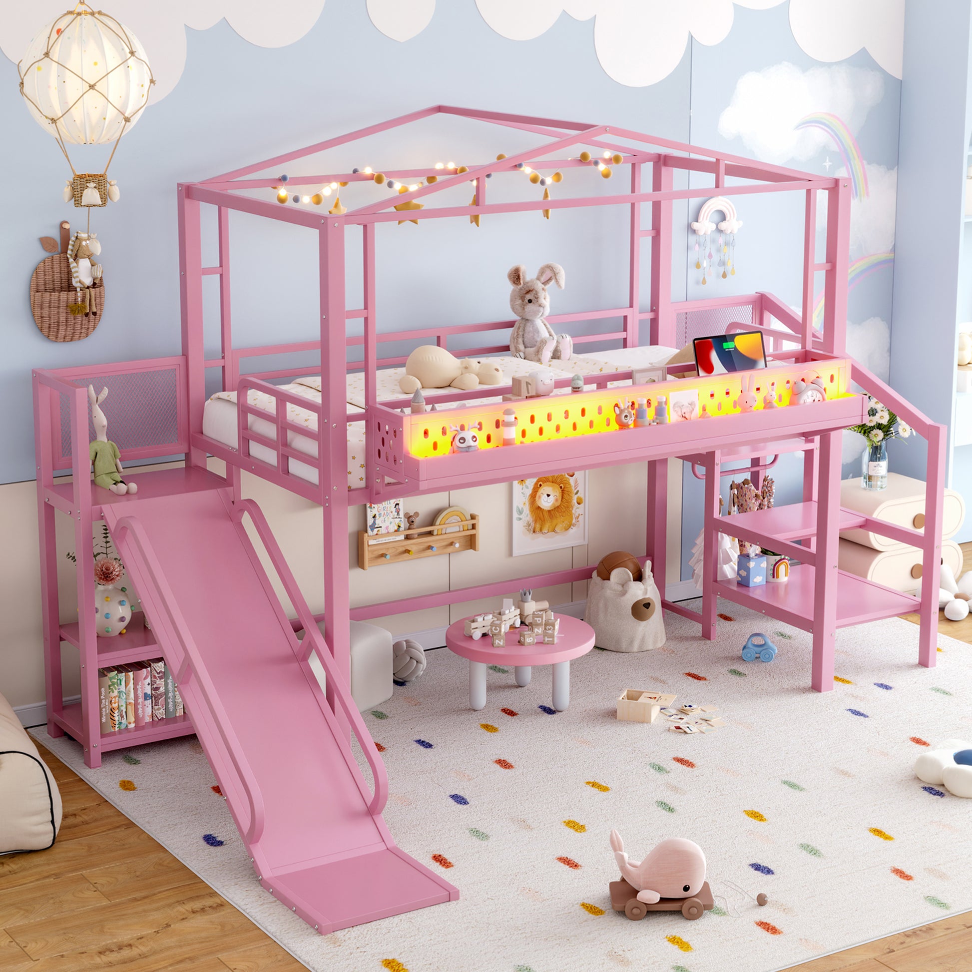 Twin Size Loft Bed with Storage Stairs, Shelves and Built-in Wardrobe, Metal Loft Bed Frame with USB Ports and LED Lights, Noise-reduced Design, Pink image 5