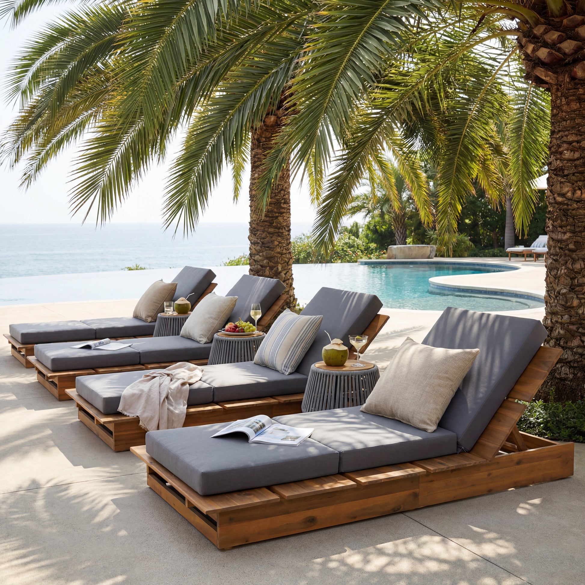 Acacia Wood Chaise Lounge with 4" Thick 3-Fold Dark Gray Movable Cushion – Wide Teak Finish Patio Lounger, 3-Position Recliner, 400 lbs Capacity image 8